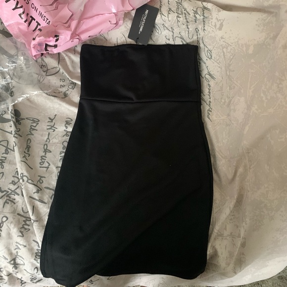 black crepe split side bandeau bodycon dress